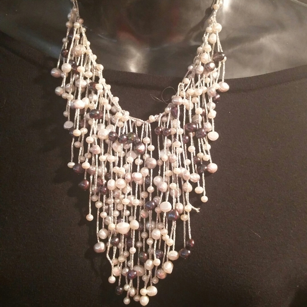 Multi colored pearl fringed necklace